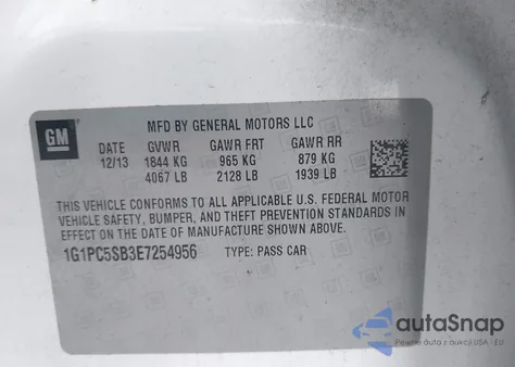 2014 Chevrolet Cruze 1Lt Auto z USA, uszkodzony, nr VIN 1G1PC5SB3E7254956